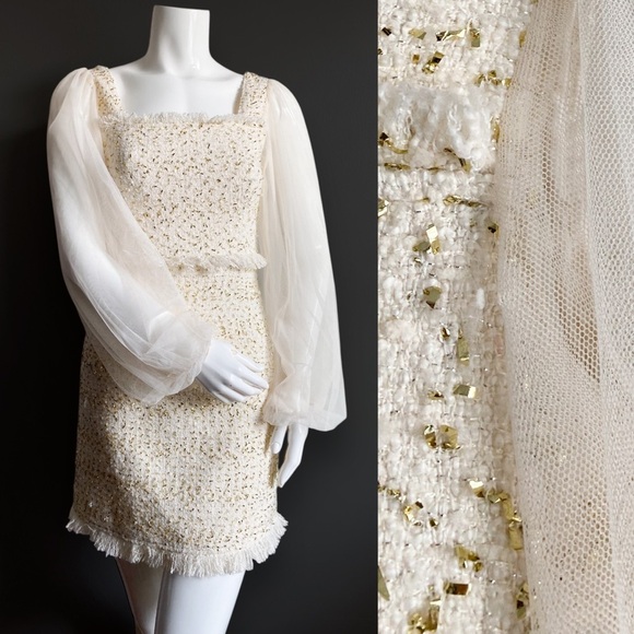 Tweed Boucle Ivory Formal Dress Lace Balloon Sleeves Bridal Elopement Wedding S - Picture 1 of 11